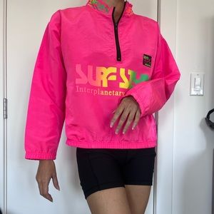 Retro hot pink surf style interplanetary body gear windbreaker